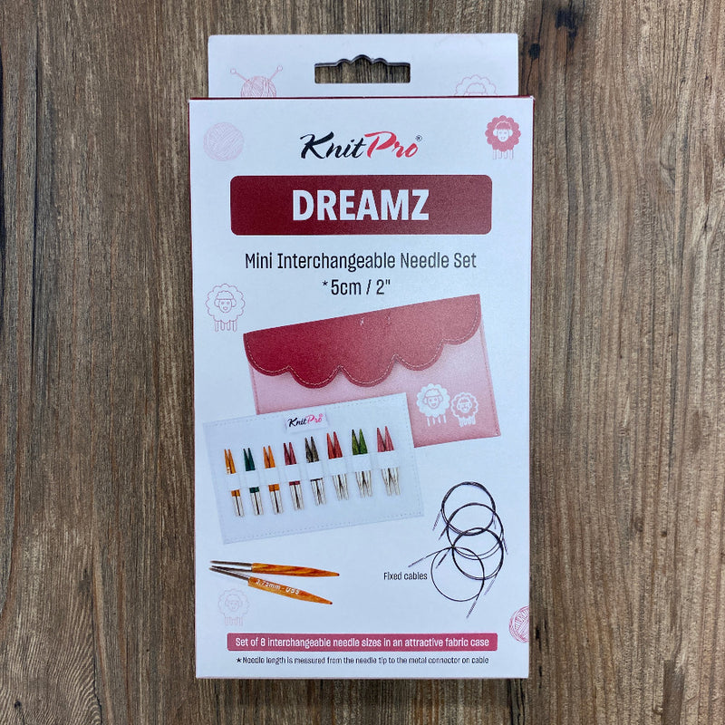 KnitPro Dreamz mini interchangeable needle set packaging on a wooden surface