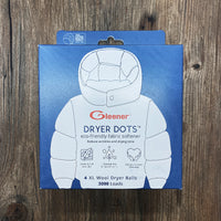 Box of Gleener Dryer Dots on a wooden surface