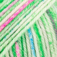 Close-up of multicolored yarn with green, pink, and blue hues.