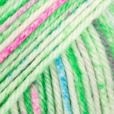 Close-up of multicolored yarn with green, pink, and blue hues.