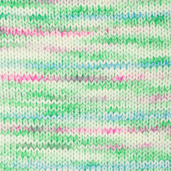Close-up of a knitted fabric with multicolored stripes.