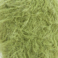 Close up detail of soft, furry olive coloured lace weight yarn