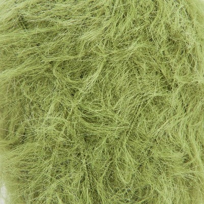 Close up detail of soft, furry olive coloured lace weight yarn