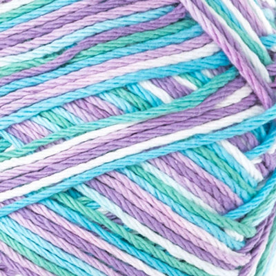 Close-up of colorful yarn with purple, blue, aqua, and white strands.