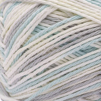 Close-up of pale grey, blue and white yarn ball