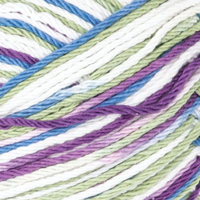 Close-up of multicolored yarn in purple, green, blue, and white.