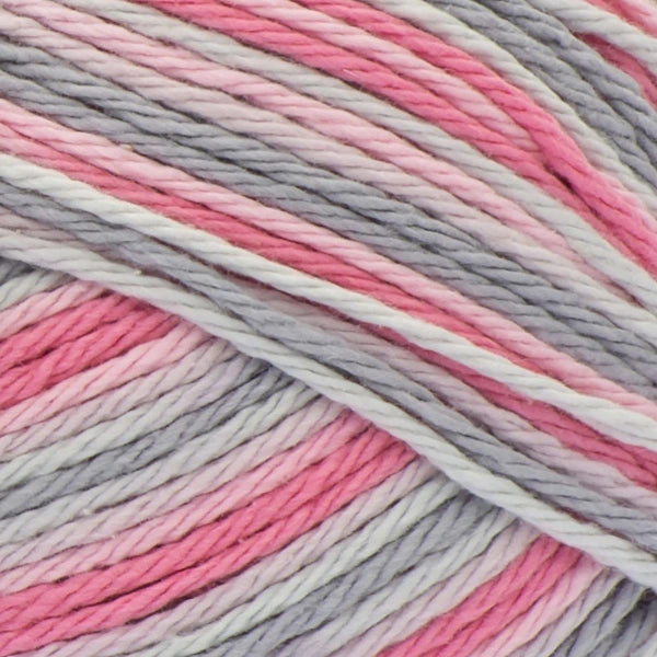 Close-up of pink, grey, and white yarn ball
