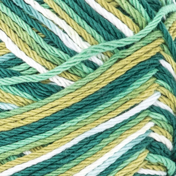 Close-up of multicolored yarn with green, yellow, and white hues.
