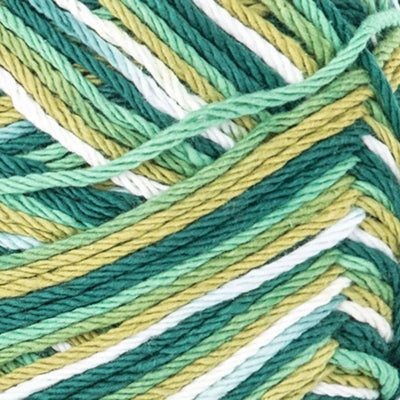 Close-up of multicolored yarn with green, yellow, and white hues.