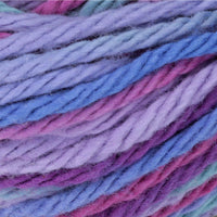 Close-up of multicolored yarn with shades of purple, blue, and pink.
