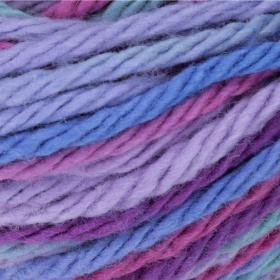 Close-up of multicolored yarn with shades of purple, blue, and pink.