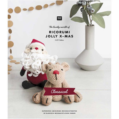 Crocheted Santa Claus and bear with 'Ricorumi Jolly X-Mas' branding on a white background.