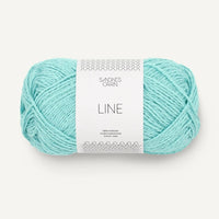 Turquoise skein of yarn with a label on a white background