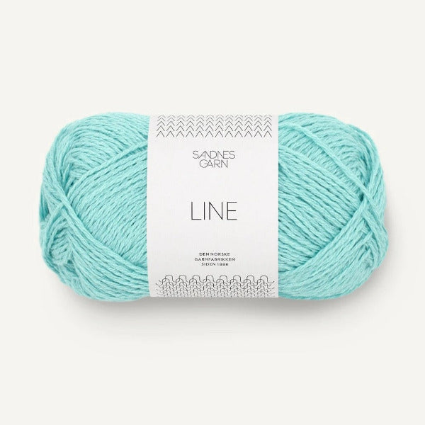 Turquoise skein of yarn with a label on a white background
