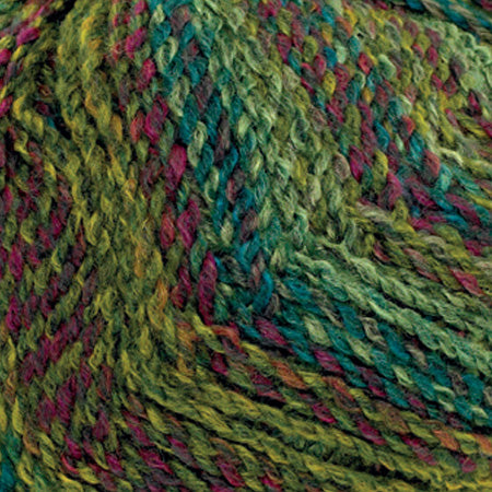 Close-up of variegated yarn with a chunky texture, showing blended shades of green, teal, and pink.