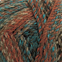 Close-up of a ball of multicolored yarn with shades of brown, teal, and rust.