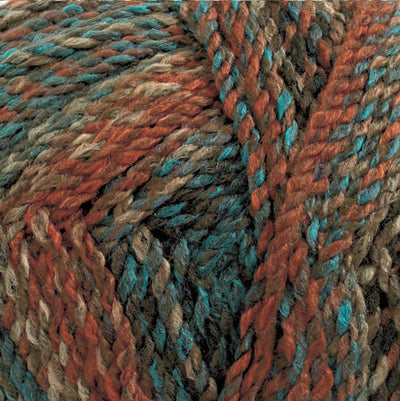 Close-up of a ball of multicolored yarn with shades of brown, teal, and rust.