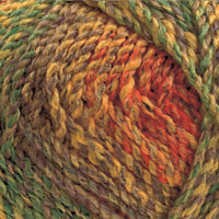 Close-up of variegated yarn with a chunky texture, showing blended shades of green, yellow, orange, and brown.