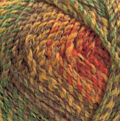 Close-up of variegated yarn with a chunky texture, showing blended shades of green, yellow, orange, and brown.