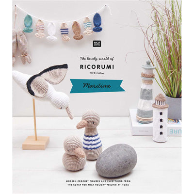 Crocheted nautical-themed items including a whale, lighthouse, and ducks on a white background with 'Ricorumi' branding.