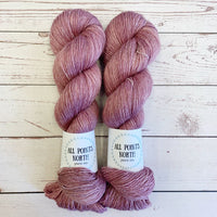 Two skeins of pink yarn with All Points North labels on a white wood background
