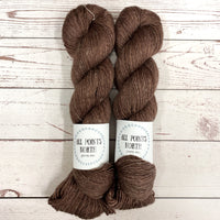 Two skeins of brown yarn with All Points North labels on a white wood background