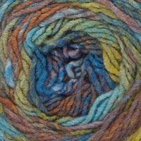 close up of multicoloured yarn in shades of blue yellow, orange, and purple