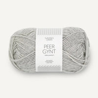 Ball of light grey yarn with a label on a white background