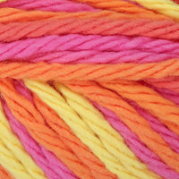Close-up of multicolored yarn with pink, orange, and yellow hues.