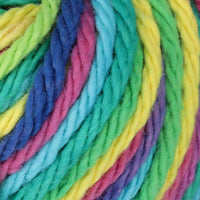 Close-up of colorful yarn strands in various hues.