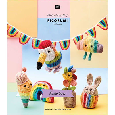 Book cover featuring colorful crochet characters by Ricorumi on a pastel background.