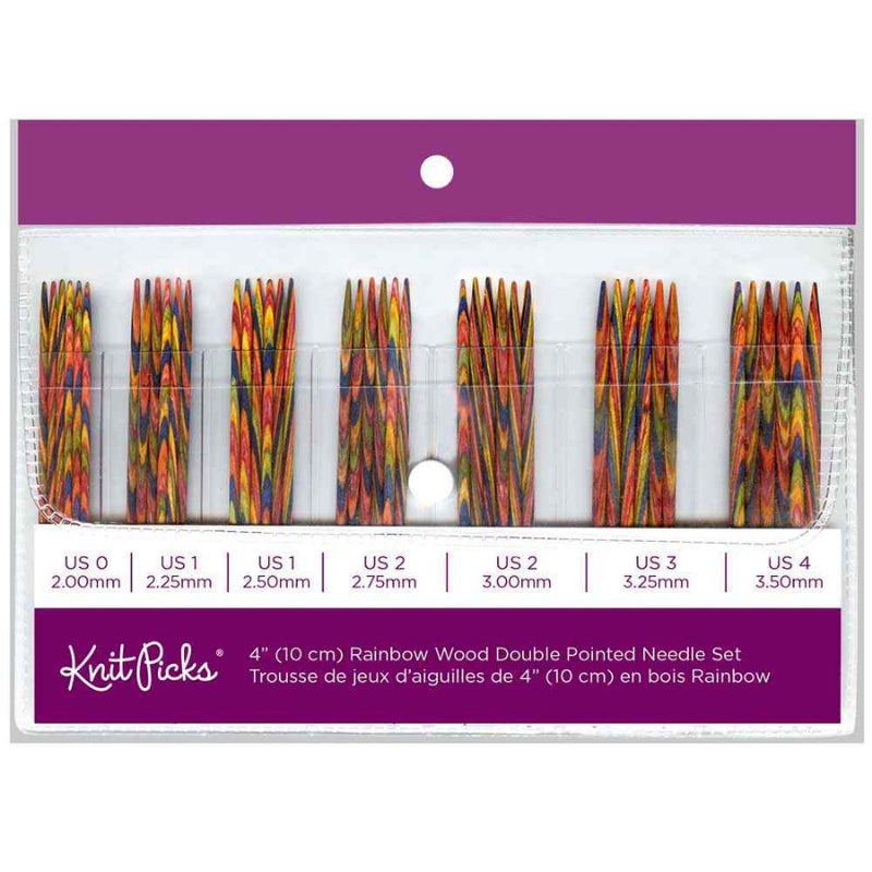 Set of double-pointed knitting needles in rainbow wood design with packaging displaying size information.
