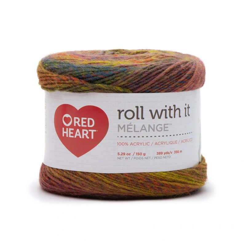 Cake of multicoloured yarn with a white Red Heart branded label on a white background