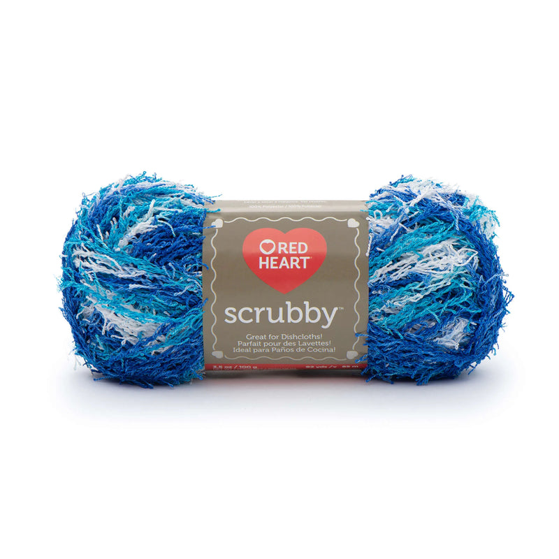 Blue and white scrubby yarn with Red Heart label on a white background