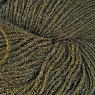 Close-up of a skein of dark olive yarn