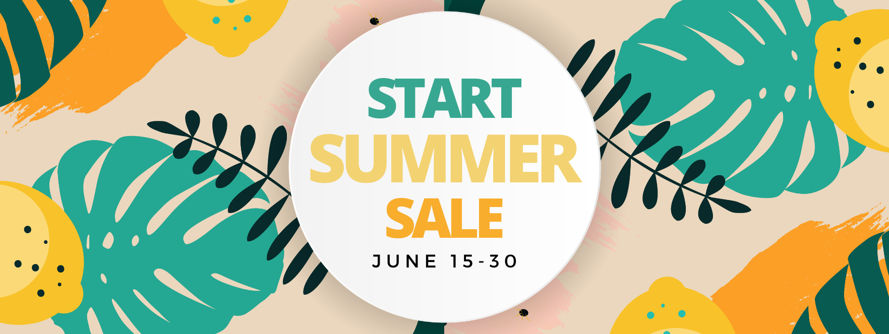 Summer sale promotion with tropical leaf design and colorful fruits on a beige background.