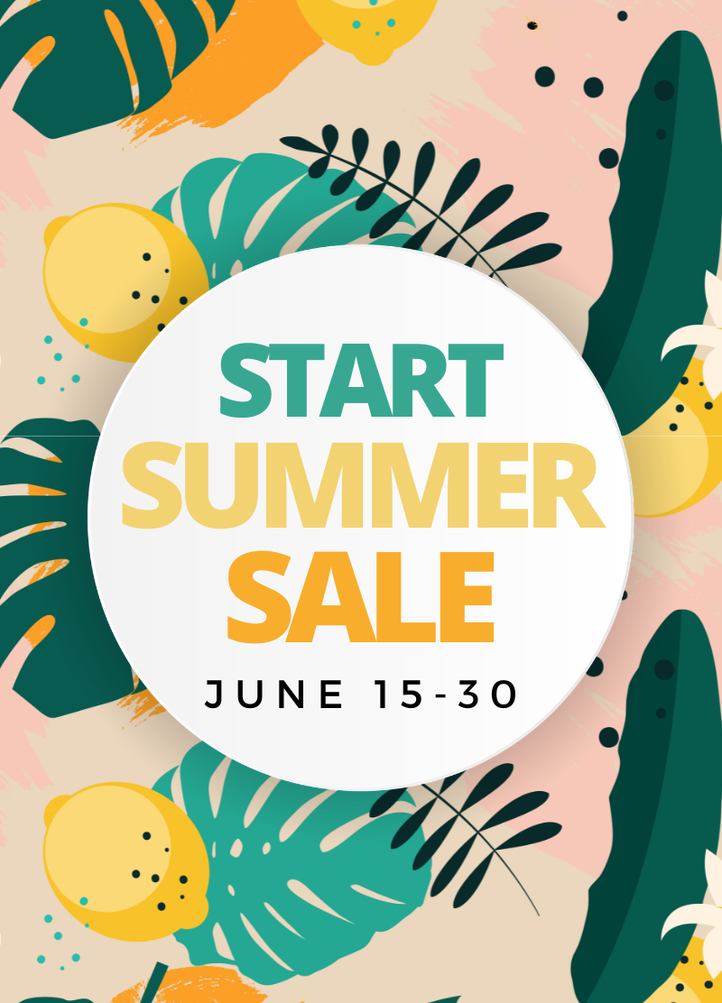 Summer sale promotional graphic with tropical leaves and fruits on a beige background
