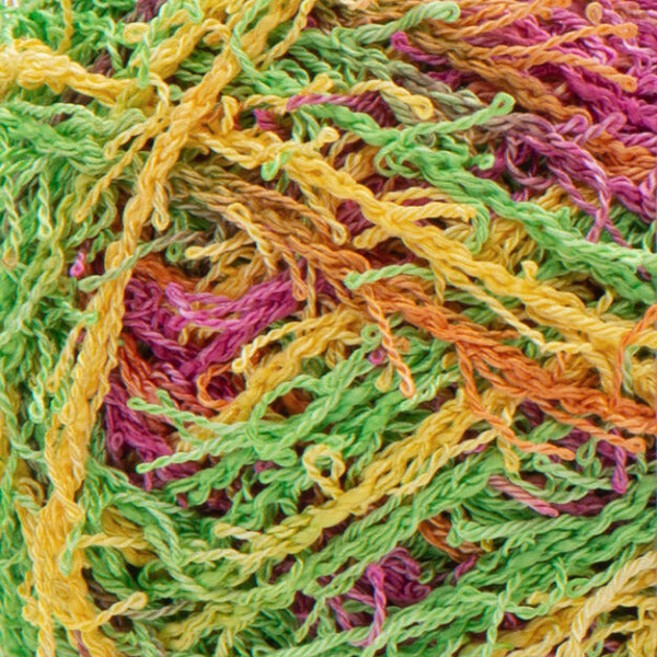 Close up of textured Green, pink, yellow, and orange yarn 