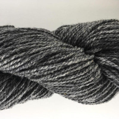 Close-up of a skein of dark gray yarn on a white background