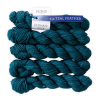 Teal yarn minis with a label on a white background