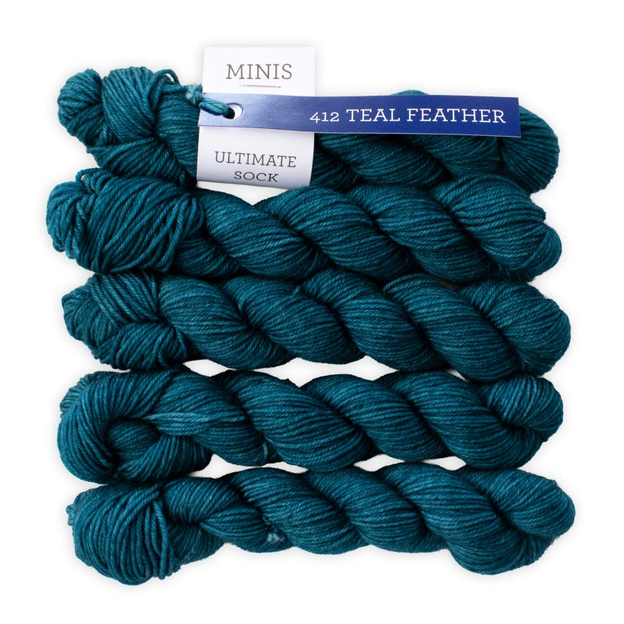 Teal yarn minis with a label on a white background