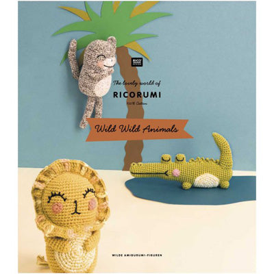 Crocheted animals including a lion, monkey, and crocodile on a blue background with 'Ricorumi' branding.